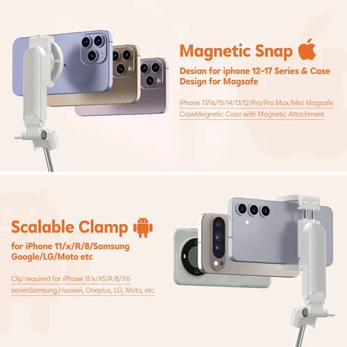 Miniatura 6 de Mini palo magnético para selfie para iPhone, trípode portátil 4 en 1 de tamaño de bolsillo para iPhone MagSafe/Android con control remoto/luces