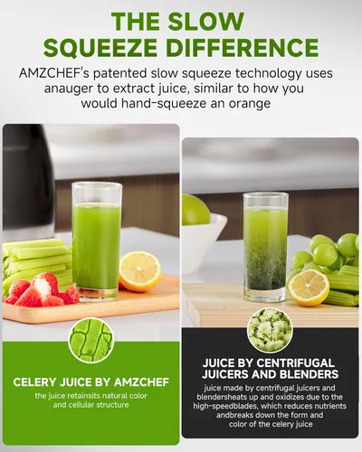Miniatura 5 de Máquinas exprimidoras - AMZCHEF Exprimidor de jugo de prensa en frío con masticación para frutas y verduras enteras - Masticación delicada sin Ébano