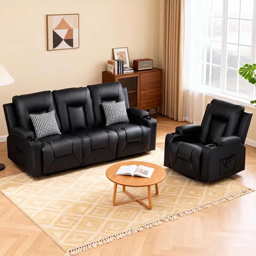Miniatura 11 de COMHOMA Juego de muebles de sala de estar, juegos de sofá reclinable manual de piel sintética con portavasos, sofá reclinable, sofá biplaza