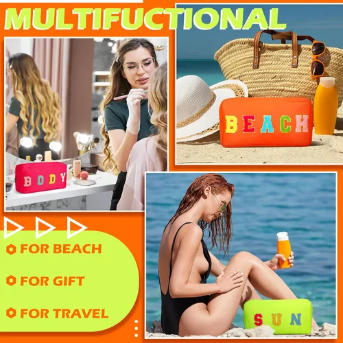 Miniatura 6 de Pinkunn 4 bolsas de maquillaje de chenilla con parche de letras de chenilla, bolsa de cosméticos para viajes de verano, playa, sol, bolsa