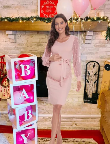 Miniatura 3 de Vestido de maternidad de manga transparente de malla de lunares suizos, vestidos formales de baby shower, vestido ajustado para embarazo, fruncido