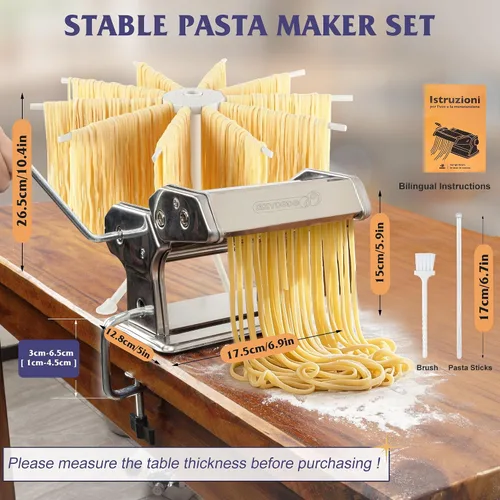 Miniatura 2 de Juego de máquina para hacer pasta con estante de secado de pasta, máquina para hacer fideos, 9 ajustes de grosor ajustables, regalos para ella