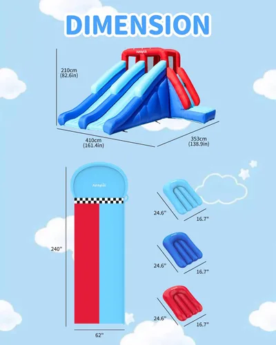 Miniatura 4 de AirMyFun Casa inflable de dinosaurio, tobogán acuático inflable de 2 toboganes para niños con pared de escalada, pozo de pelotas y portería