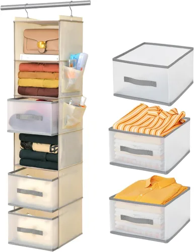 Miniatura 9 de Organizador de armario colgante de 6 niveles con 3 cajones y bolsillos laterales, almacenamiento multifuncional para zapatos, cinturones, bolsos