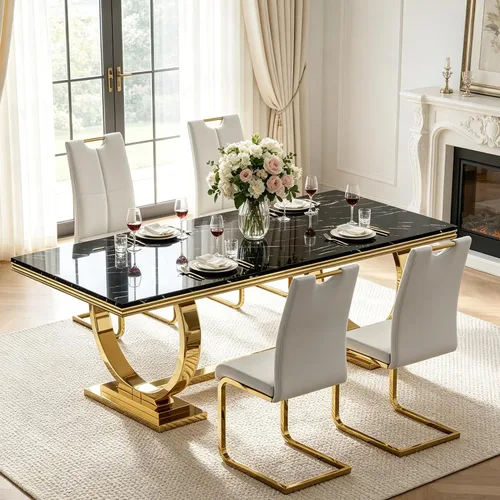 Miniatura 30 de Juego de mesa de comedor de mármol para 4, mesa de cocina rectangular de mármol blanco de 70 pulgadas con base en O de acero inoxidable dorado