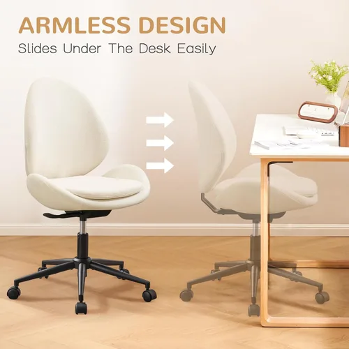 Miniatura 6 de Furniliving Silla de escritorio de felpilla sin brazos con ruedas, silla tapizada de oficina en casa con cojín de doble capa, silla giratoria Blanco