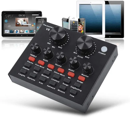 V8 - Tarjeta de sonido en vivo, mezclador de audio USB Tarjeta de sonido externa para micrófono, tarjeta de sonido KTV en vivo, tarjeta de sonido