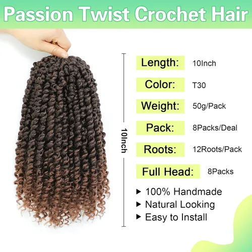 Miniatura 2 de Pelo de ganchillo Passion Twist de 10 pulgadas, 8 paquetes de cabello de ganchillo corto preanudado para mujeres negras, T30