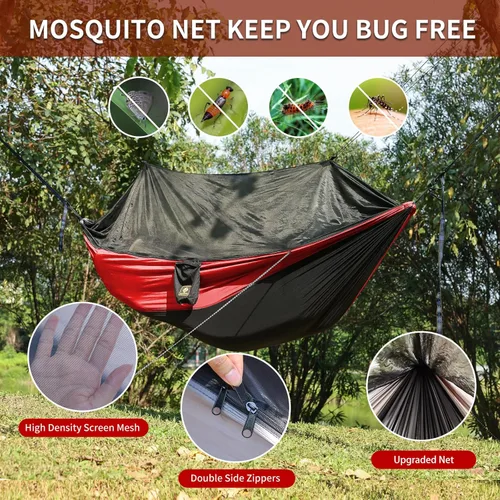 Miniatura 2 de Hamaca de camping con red, hamacas ligeras portátiles de viaje con correas para árboles y mosquetones sólidos en forma de D, hamaca de nailon