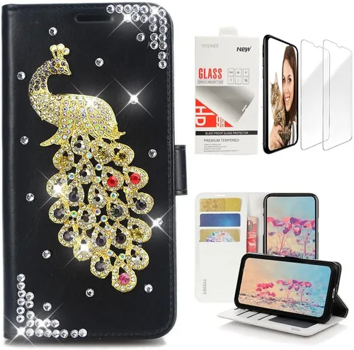 Bling Wallet - Funda para teléfono compatible con iPhone 11, elegante, hecha a mano en 3D, de cristal de pavo real, magnética, con protector de