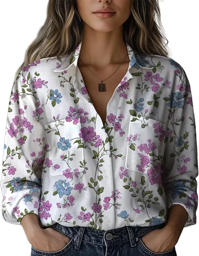 Miniatura 19 de Summer Tops for Women Lightweight Button Flowy Shirts Boho Long Sleeve Blouses Casual Clothes with Pockets