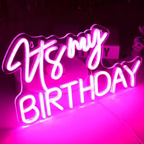 Miniatura 2 de Planzo Letrero de luz LED de neón con texto en inglés "It's My Birthday", letrero de pared para decoración de ventana, letrero USB para dormitorio