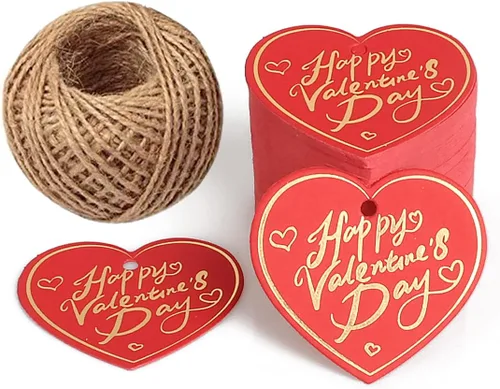 Etiquetas para envolver regalo, 100 etiquetas de papel en forma de corazón para el día de San Valentín con cordel de yute natural para bolsas de Rojo