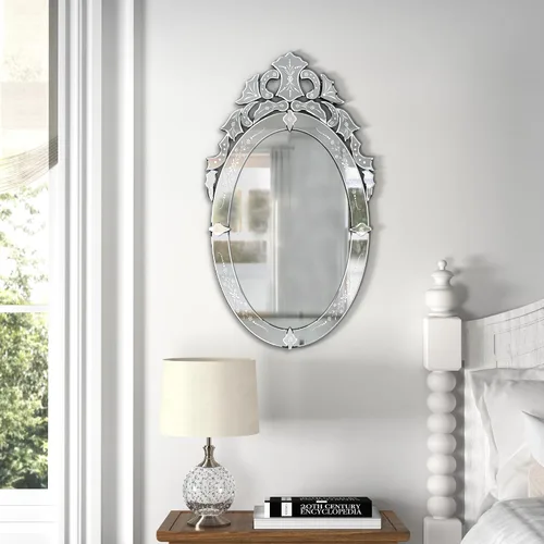 Miniatura 7 de KOHROS Espejo Ovalado para Baño de 42" x 24" Espejo Veneciano con Corona Superior Floral Grabada Sin Marco Espejo Decorativo de Pared para Tocador