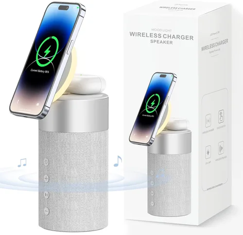 Miniatura 8 de COLSUR Altavoz Bluetooth, cargador inalámbrico magnético, altavoces Bluetooth con luz nocturna, estación de carga inalámbrica 2 en 1 para iPhone