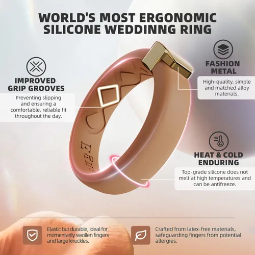 Miniatura 24 de Egnaro - Anillo de boda de silicona para mujer, diseño ergonómico y transpirable, ancho de 0.15 pulgadas, bandas de silicona flexibles con placa