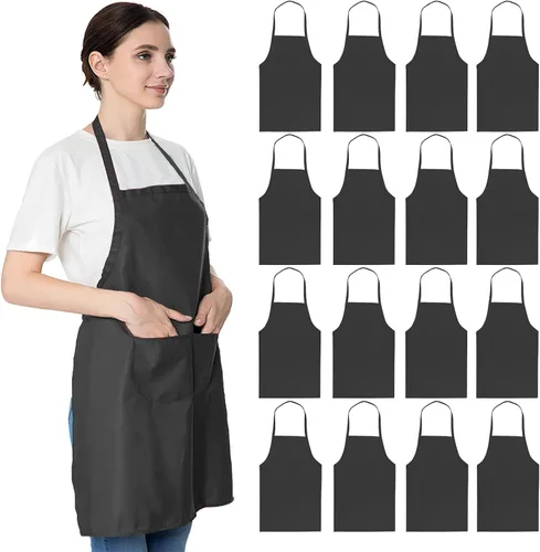 Miniatura 12 de Total 9 delantales de color liso para adultos, mujeres, unisex, duradero, cómodo, con 2 bolsillos delanteros, lavables, para cocinar, hornear, Mixto