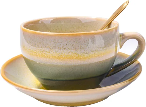 Miniatura 9 de Juego de taza de café y platillo de cerámica azul con cuchara dorada, juego de tazas de té artesanales de esmalte azul profundo de 10 onzas, taza