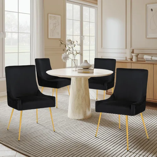 Miniatura 2 de adochr Juego de 2 sillas de comedor modernas con patas de metal dorado, silla de cocina tapizada de terciopelo, respaldo plisado, silla decorativa