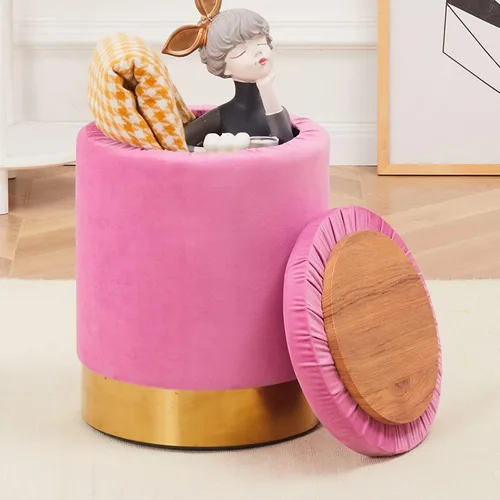 Miniatura 7 de Taburete otomano de terciopelo multiusos con base de metal, moderno taburete redondo para tocador, taburete otomano, soporte acolchado de 300 Rosa