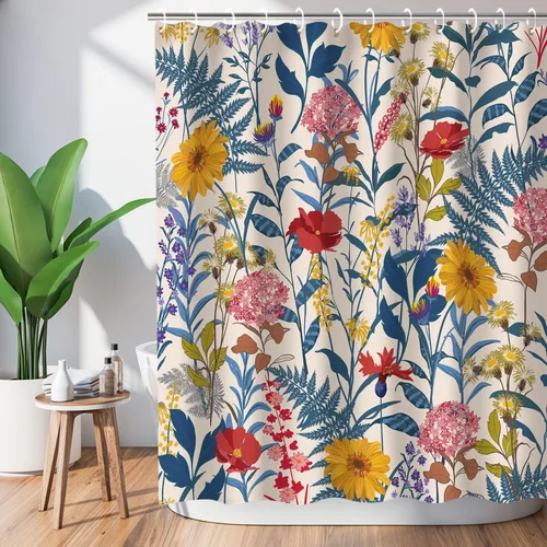 RosieLily Cortinas de ducha, juego de cortinas de ducha florales con 12 ganchos, cortinas de ducha coloridas florales y hojas, decoración de baño,