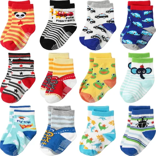 Miniatura 24 de Calcetines antideslizantes con agarre para tobillos, paquete de 12 unidades para niños pequeños, niños y niñas, lindos calcetines de algodón