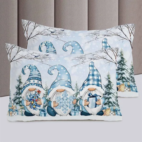 Miniatura 5 de Juego de funda de edredón Queen – Juego de funda de edredón de 4 piezas de gnomos azules de Navidad, juegos de ropa de cama de árbol de Navidad