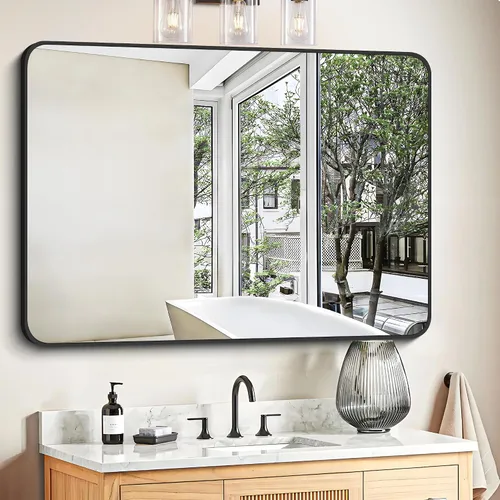 Miniatura 9 de FORBATH - Espejo de baño negro para sobre lavabo, espejo de pared de 16x24 pulgadas con marco de metal, esquinas redondeadas para baño, dormitorio