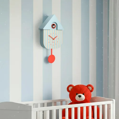 Miniatura 7 de Fisura - Reloj de pared de cuco a rayas azules y beige con esfera roja - Reloj de pared decorativo moderno, regalo único de decoración del hogar