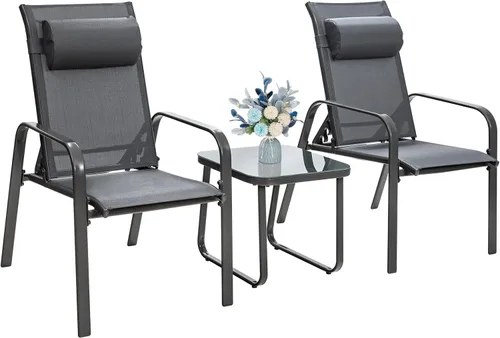 Miniatura 9 de Tangkula Juego de bistró para exteriores, 3 sillas reclinables apilables para patio con respaldo ajustable y plegable, reposacabezas extraíbles