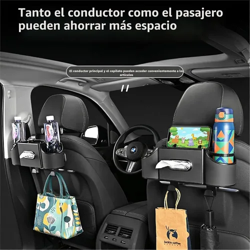 Miniatura 3 de Organizador de asiento trasero de automóvil, organizador de automóvil 4 en 1, asiento trasero con portavasos y caja de pañuelos, organizador de Negro