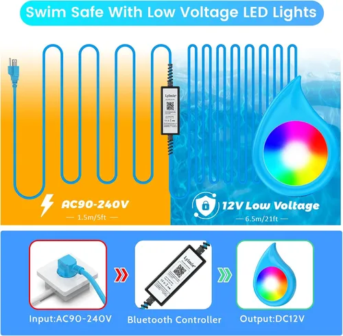 Miniatura 3 de LyLmLe Luces LED para piscina con control de aplicación, luz sumergible subacuática regulable RGB de 20 W con imanes, 800 lm, IP68 impermeable que