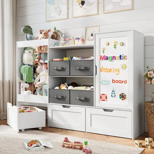 Miniatura 8 de Organizador de almacenamiento de juguetes para niños de 61 pulgadas de ancho con almacenamiento de animales de peluche, 3 cajones de almacenamiento