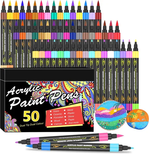 Amamao Juego de marcadores de pintura acrílica de 100 colores, paquete de 50 marcadores de pintura acrílica de doble punta con punta de pincel y