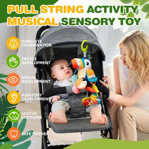 Miniatura 2 de Jollybaby Juguete colgante musical de actividad con cuerda para jalar para cochecito de bebé, asiento de coche, cuna, gimnasio de juego, juguete