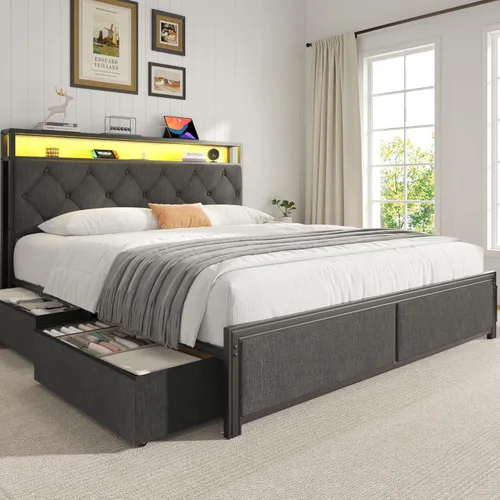 Miniatura 8 de Fluest Base de cama Queen con cabecero, cajones de almacenamiento, estación de carga rápida, luces LED, marco de cama tamaño Queen con cajones