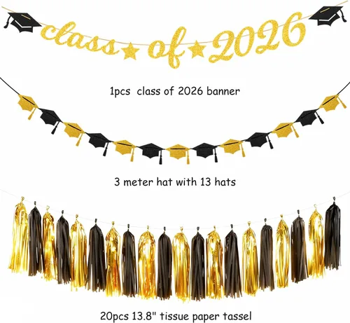 Miniatura 2 de Guirnalda de decoración de fiesta de graduación de oro negro – 36 piezas de pancarta de felicitaciones de graduación 2026, serpentinas colgantes