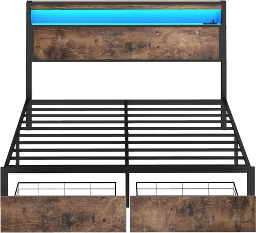 Miniatura 9 de SADENICEL Base de cama de tamaño matrimonial con almacenamiento, plataforma de cama de madera LED con cabecero, 2 cajones, estación de carga,