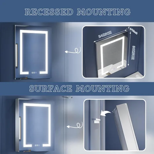 Miniatura 8 de ExBrite Botiquín de baño con iluminación LED con espejo, 24 x 30 pulgadas, empotrado o montaje en superficie, antivaho, atenuación continua, ajuste
