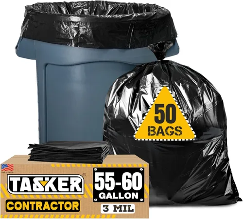 Tasker Bolsas de Basura para Contratistas de 55 Galones, Bolsa de Basura Negra para Contratistas de 3 Mil (50 Bolsas con Amarres) Bolsas de Basura