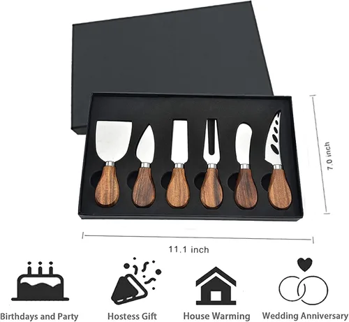Miniatura 7 de Juego de cuchillos de queso de 6 piezas, cuchillos de queso de acero inoxidable con mango de madera de acacia para tabla de embutidos