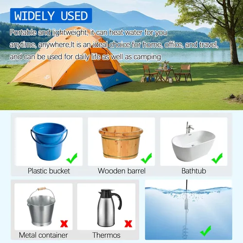 Miniatura 5 de Paquete de 2 calentadores de agua eléctricos de inmersión portátiles de 1000 W 110 V para camping, piscina inflable, bañera, calentador de cubo