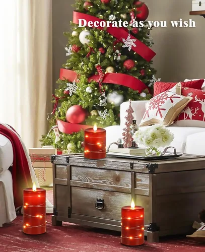 Miniatura 2 de Da by Velas rojas sin llama con luces de cadena, velas que funcionan con baterías con control remoto y temporizador, velas LED parpadeantes de pilar