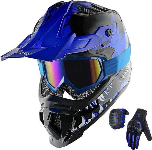 1Storm Casco de motocross para adultos, ATV Dirt Bike BMX Downhill Mountain Helmet Track Style JH601; dinosaurio azul + gafas + guante azul