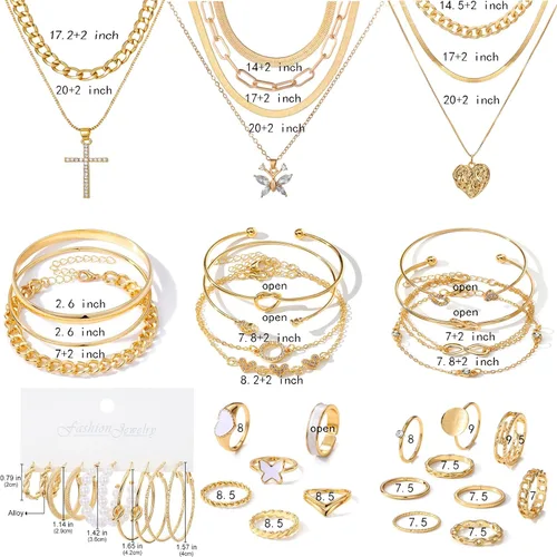 Miniatura 7 de VKME Juego de 45 piezas de joyería dorada para mujeres y niñas, aretes colgantes delicados, elegantes anillos de nudillos, pulseras y collares