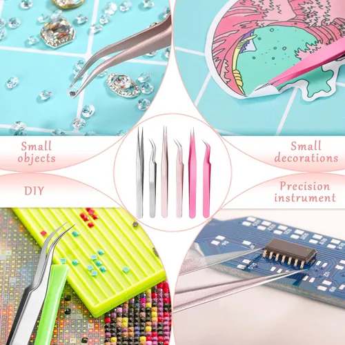 Miniatura 5 de Mudder 6 pinzas de pestañas de alta precisión para extensiones de pestañas, punta recta y curva, acero inoxidable para volumen de pestañas, Colorido