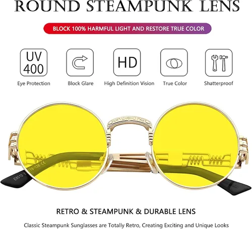 Miniatura 4 de AIEYEZO Gafas de sol redondas steampunk Circle Lennon Hippie, marco de metal, lente de bloqueo UV 100%