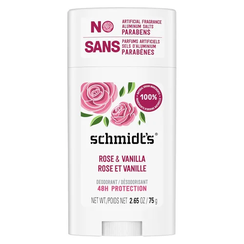 Schmidt's Desodorante vegano sin aluminio rosa y vainilla con protección contra olores las 24 horas para mujeres y hombres, ingredientes naturales,