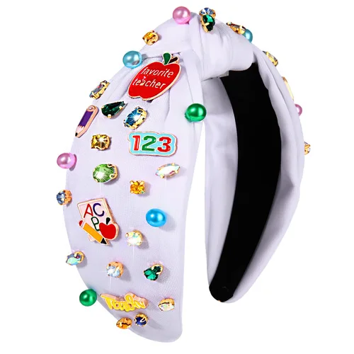 Miniatura 10 de NVENF Diadema para profesora para mujer, diadema anudada con perlas de cristal, trajes de regreso a clases, accesorios, regalos de agradecimiento