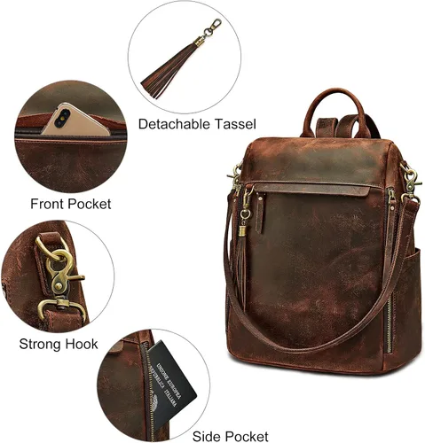Miniatura 3 de S-ZONE Mochila vintage de cuero genuino para mujer con bolso de mano, Classic
